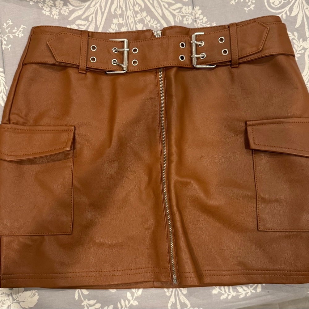 Tan Double-Buckle Mini Skirt